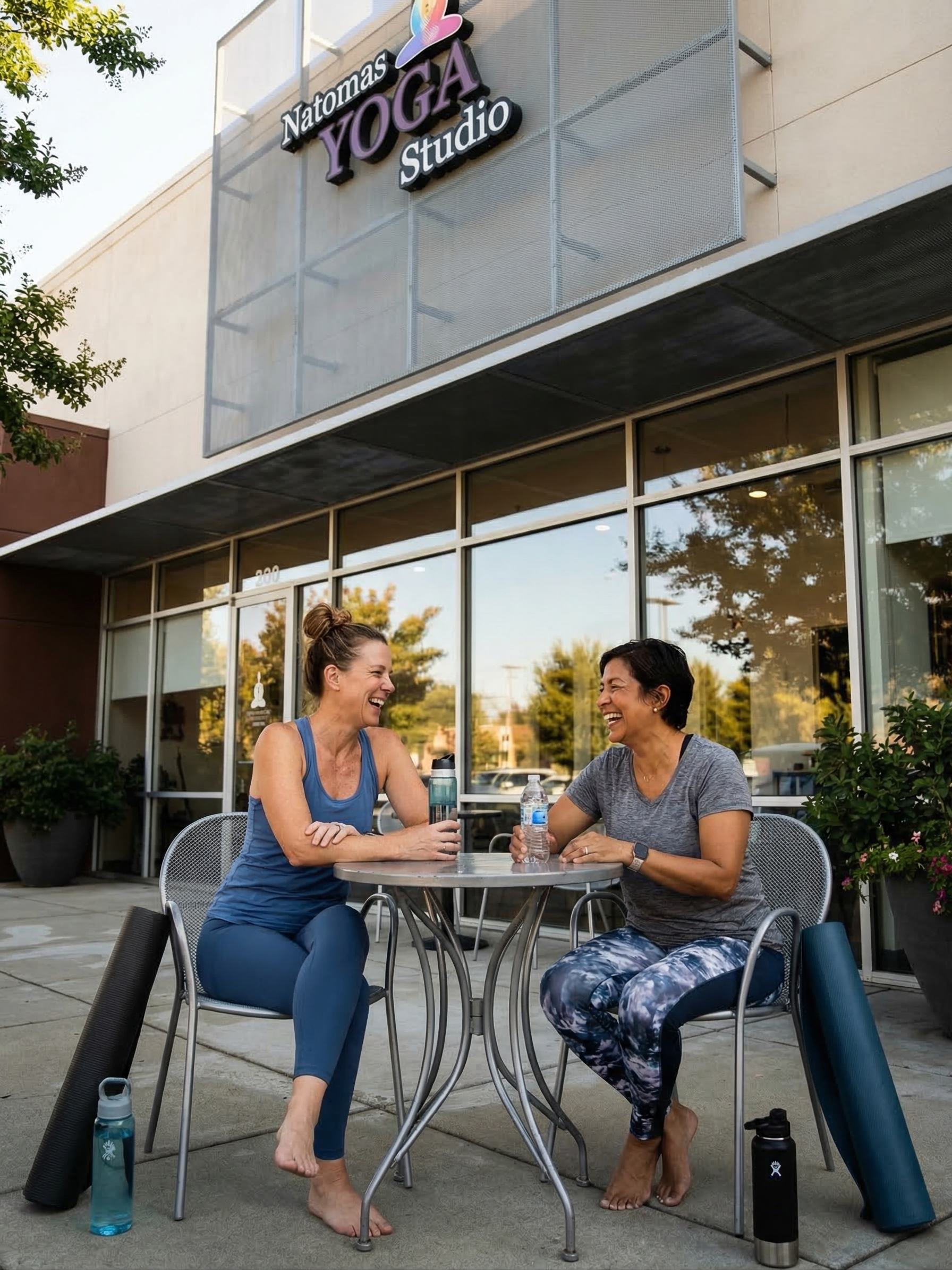 Friends connecting after hot yoga class at Natomas Yoga Studio